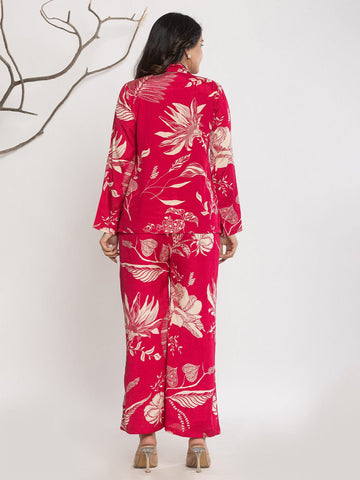 Varanga Women Floral Printed Front Placket Shirt with Flared Palazzo